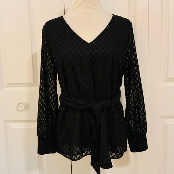 Ann Taylor Black Embroidered Chevron Semi Sheer Long Sleeve Belted Top Medium - Picture 2 of 12